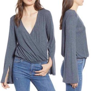 NWT Nordstrom BP Faux Wrap Gray Ribbed Top Trumpet Surplice S